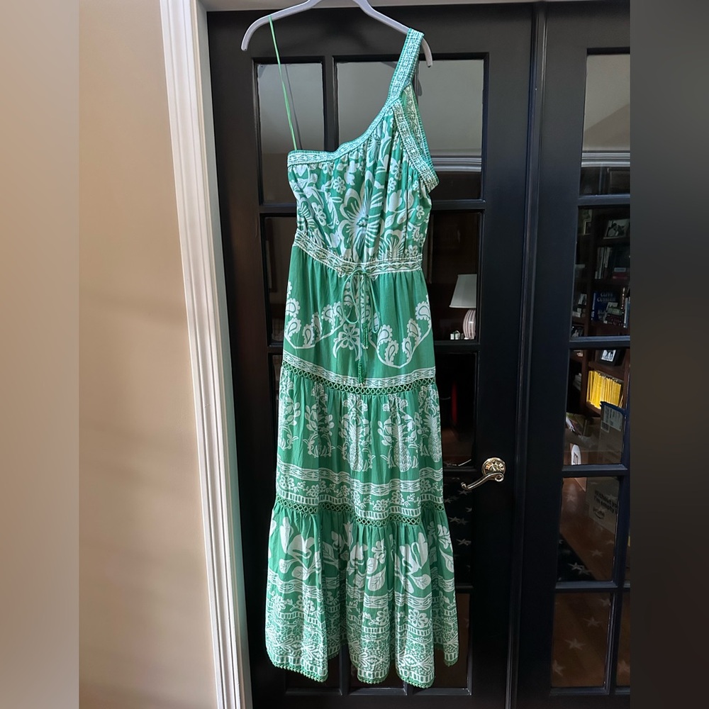 FARM Rio Green and White One-Shoulder Maxi Dress